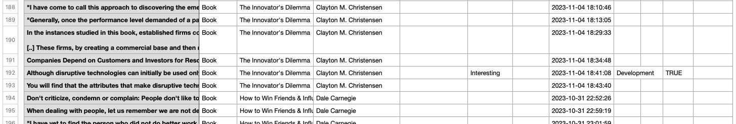 Example of CSV export opened in a spreadsheet