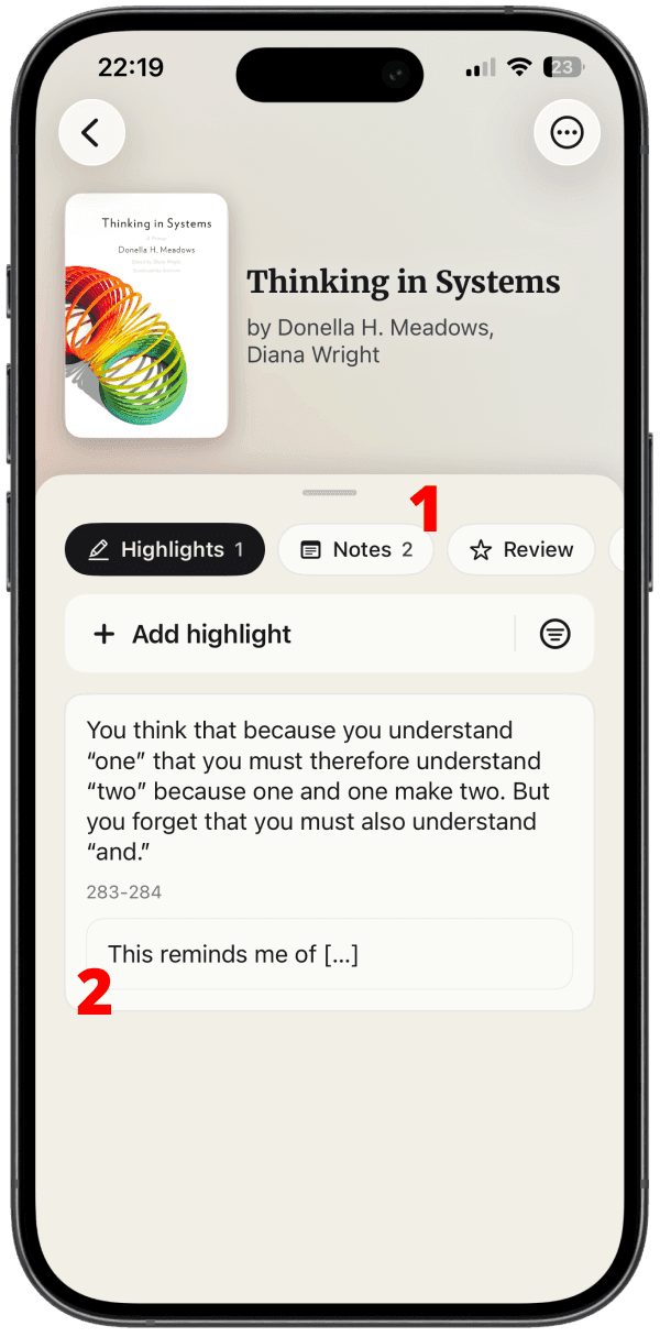 Screenshot showing both a note on a highlight and a note on the book