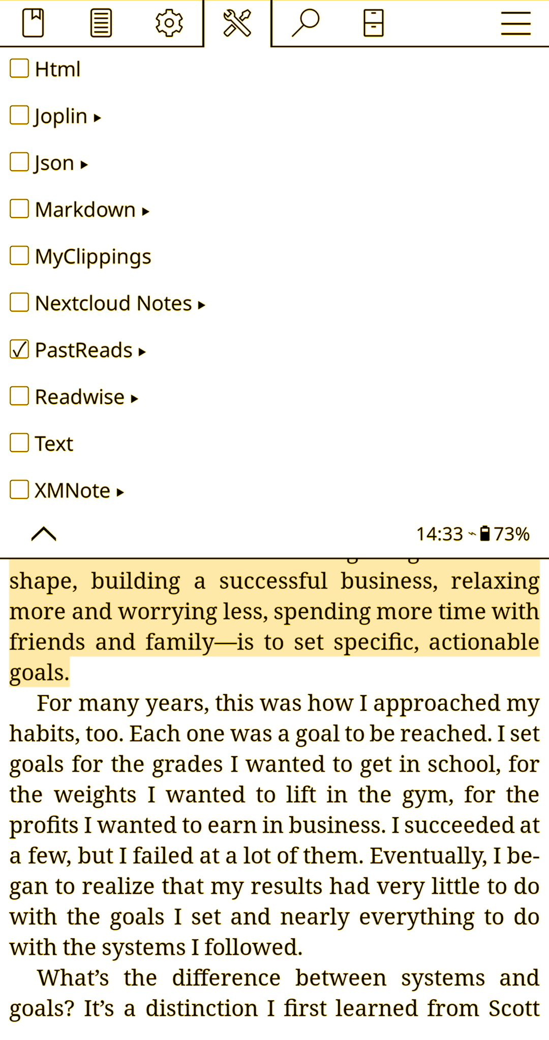 PastReads export option visible on a KOReader screen