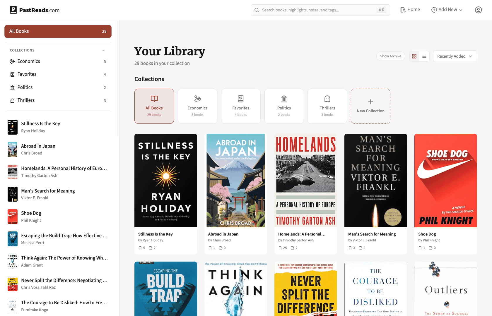Example of the PastReads Library Interface