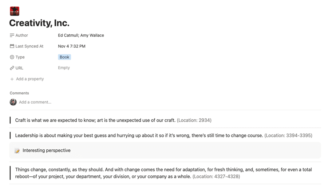 An example of my highlights in Notion for "Creativity Inc"