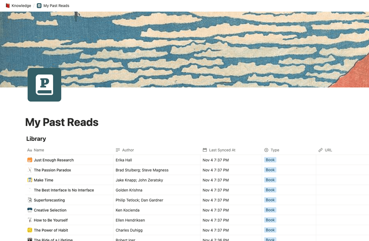Overview of my book and article library in Notion