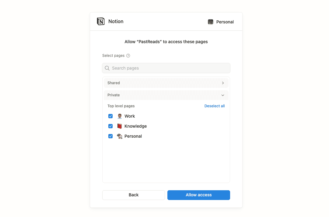 Select the pages you allow access to