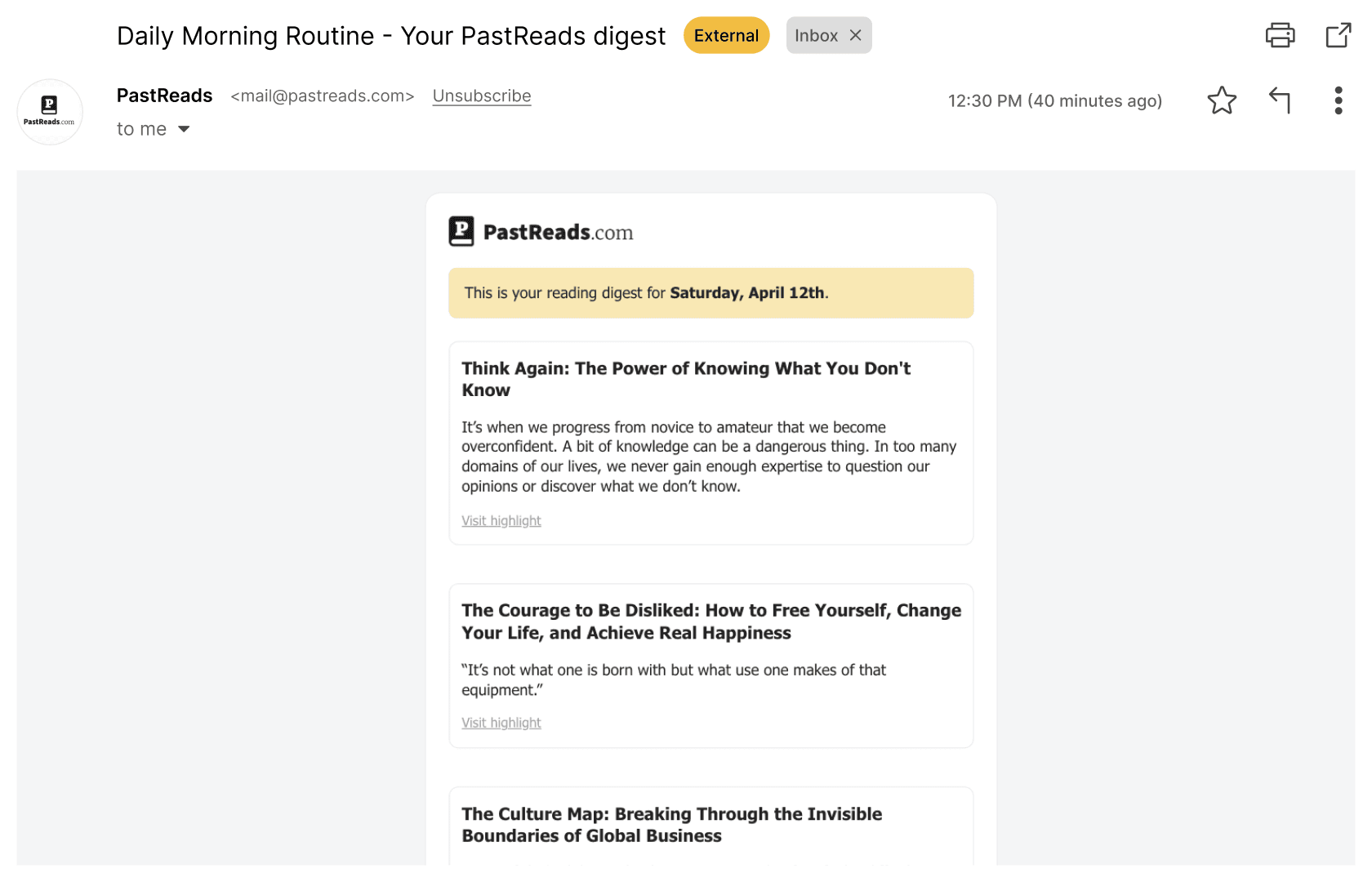 A PastReads reading recap email with highlight cards