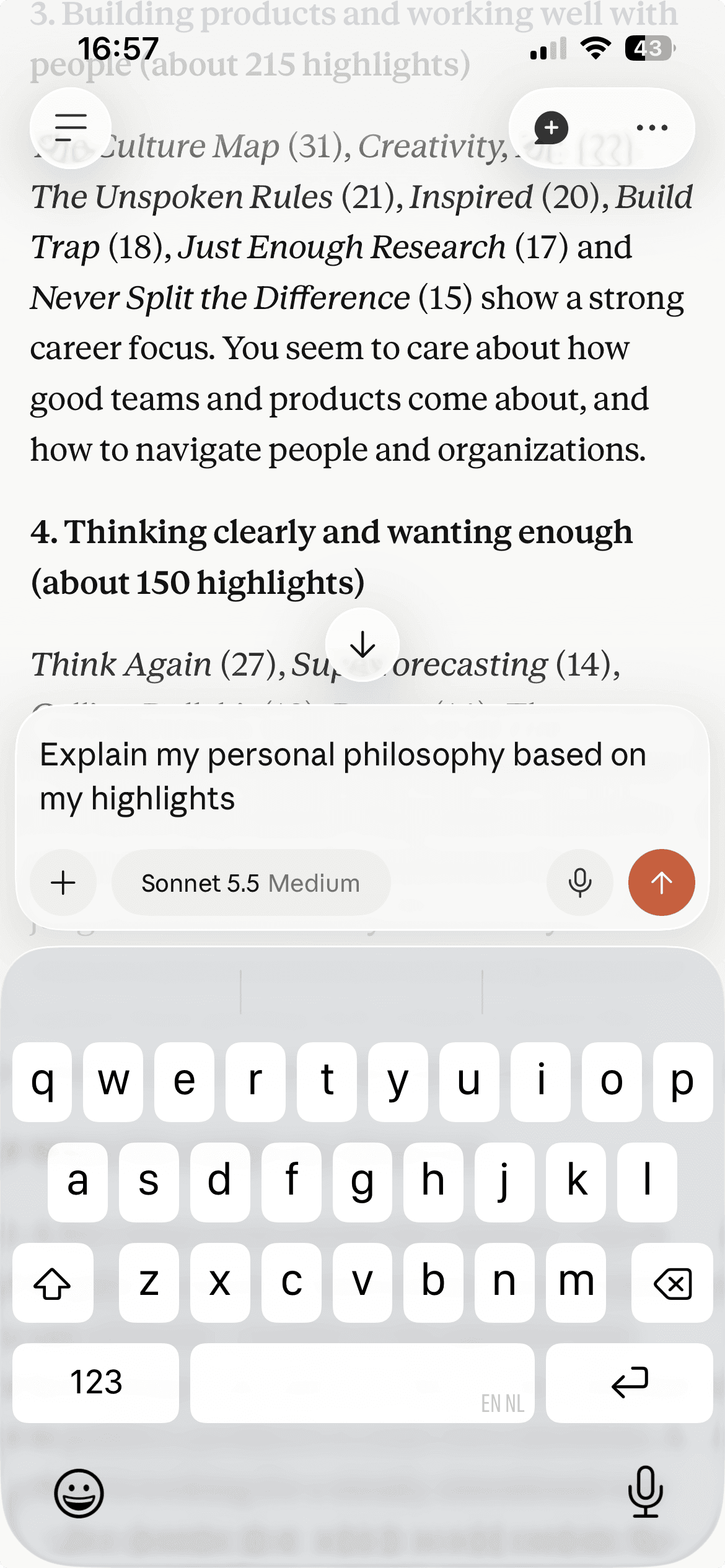 Chatting with Claude about personal philosophy based on PastReads highlights