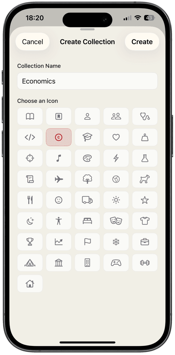 Screen to create a new collection and decide on a name and icon