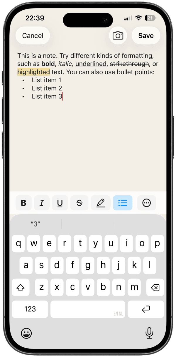 Applying formatting to a note