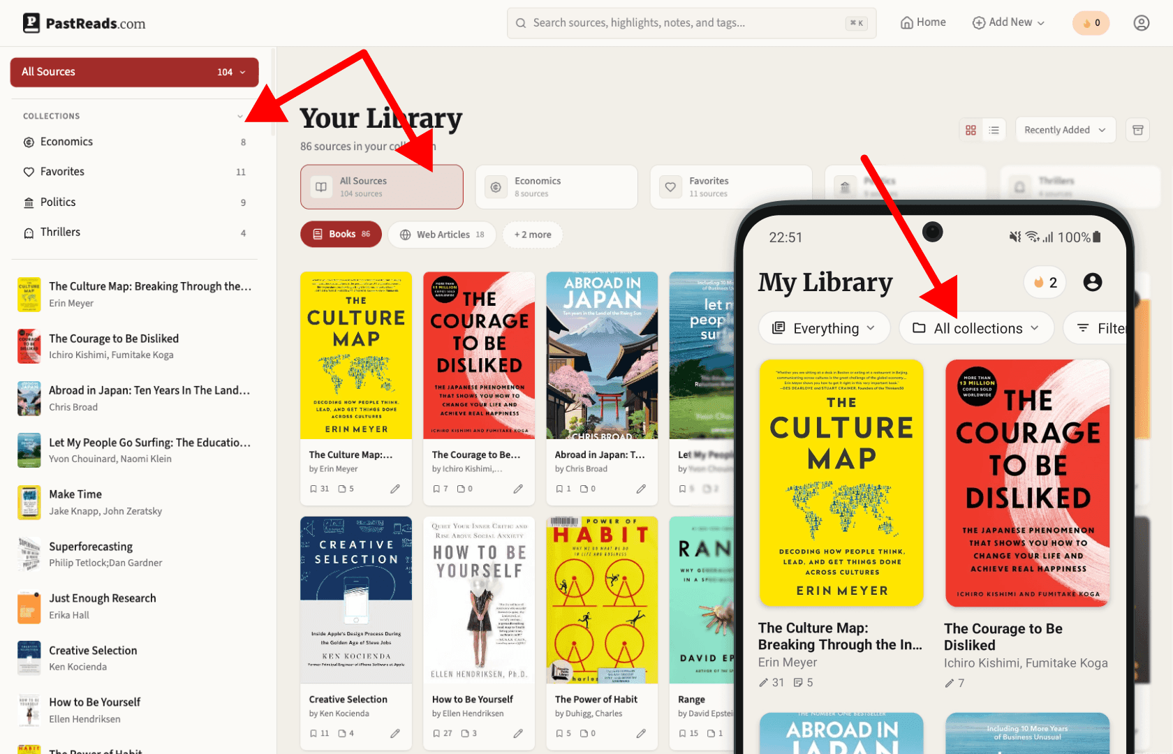 Library view of web and iOS with collection filters like Economics, Favorites, and Politics