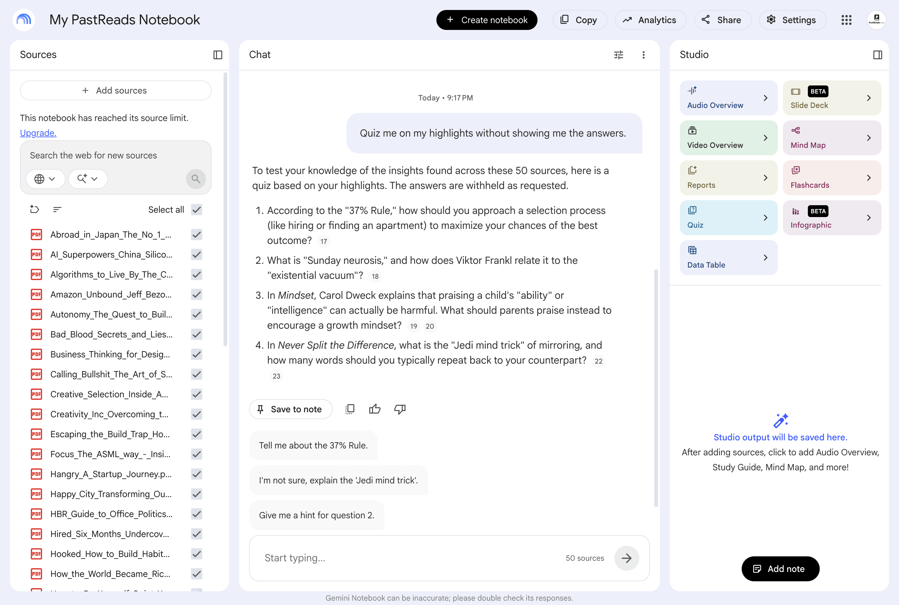 Asking questions about PastReads highlights in Gemini Notebook