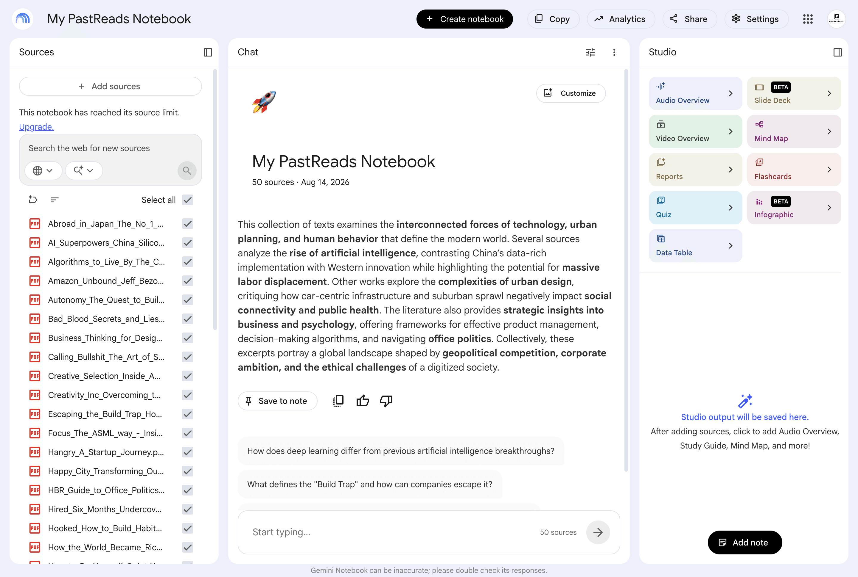 Gemini Notebook after uploading PastReads highlight PDFs as sources