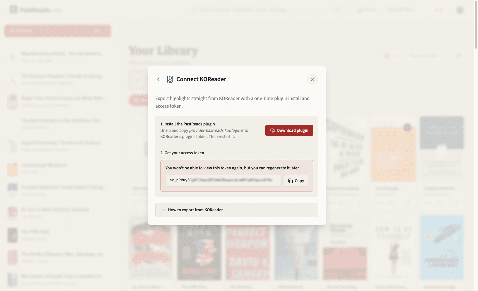A generated token for KOReader in the PastReads interface