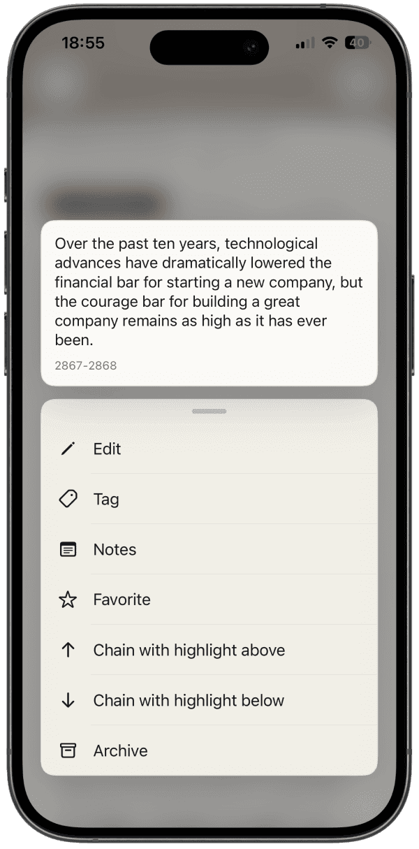 Highlight card on iOS with the available actions panel