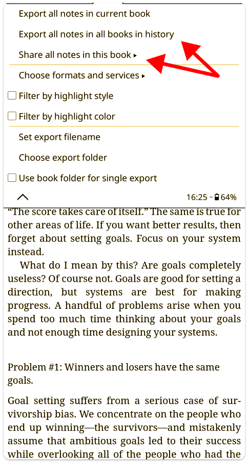 Two arrows pointing out the export options on a KOReader interface