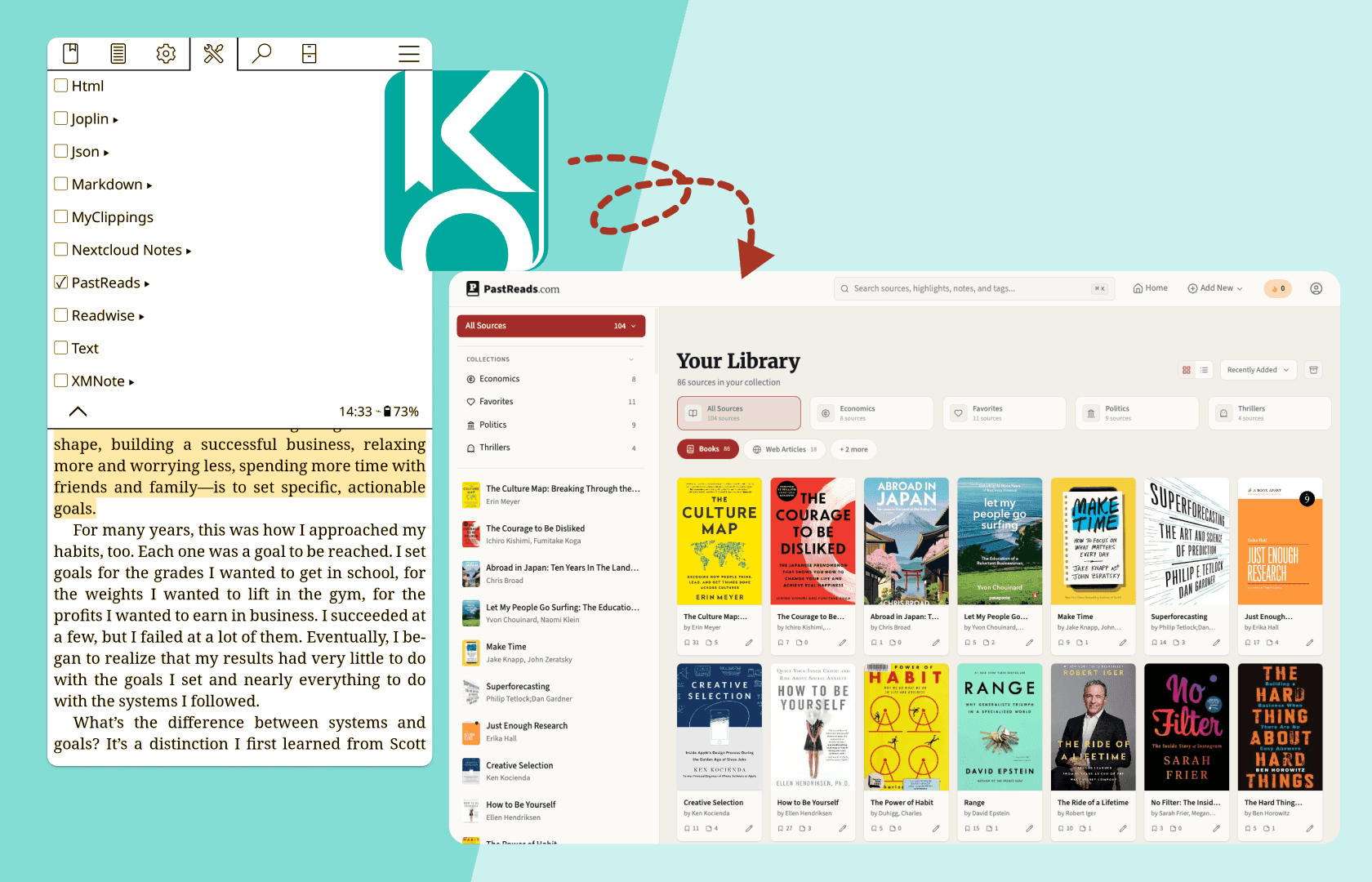 Image with a KOReader interface on the left and the PastReads interface on the right