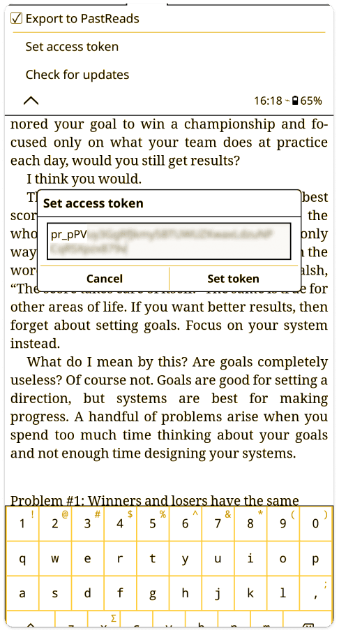 Popup on KOReader to set the PastReads access token