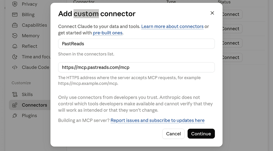 Claude Add custom connector dialog with PastReads name and MCP URL