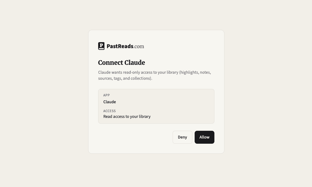 PastReads consent screen to allow Claude read-only library access