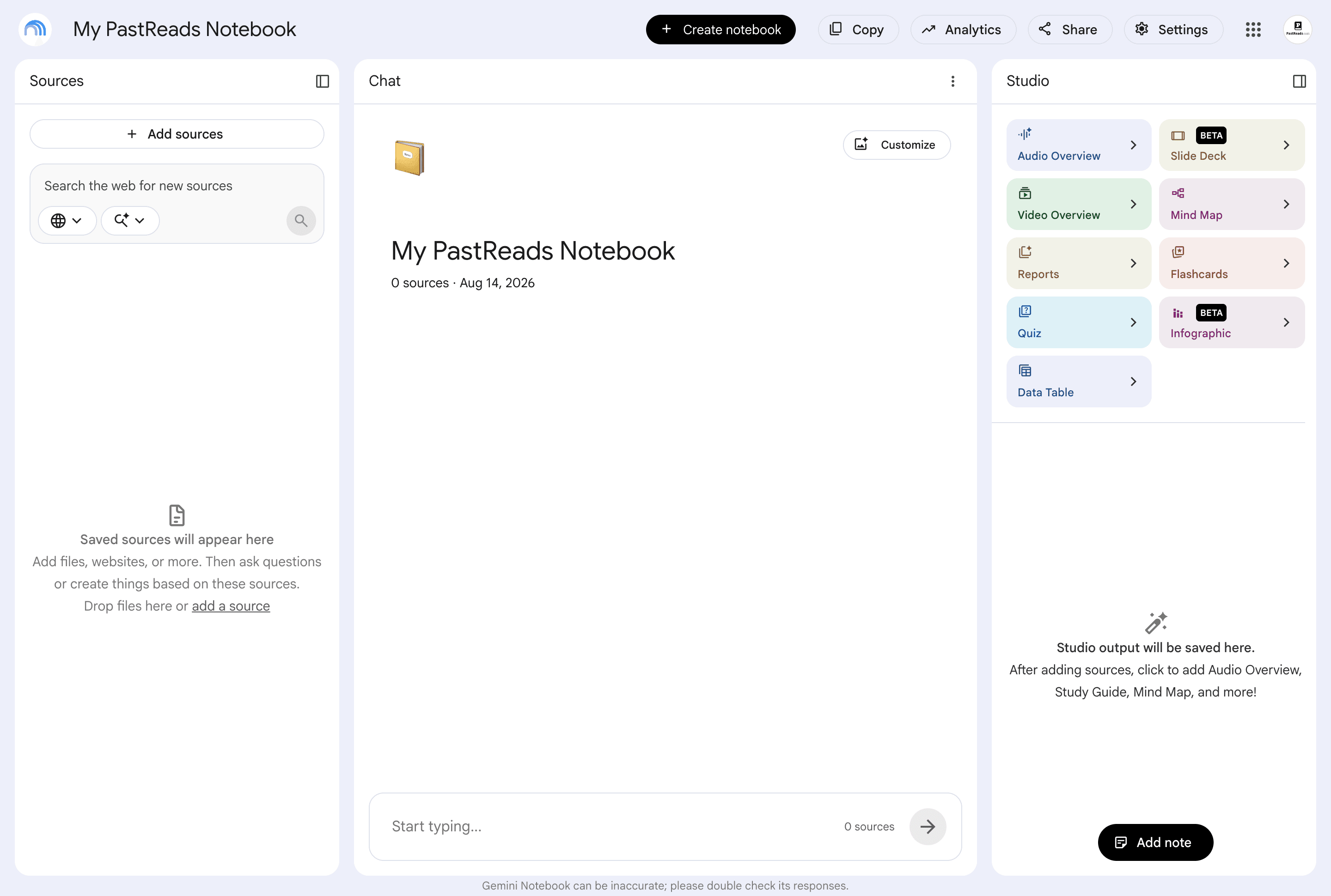A newly created notebook in Gemini Notebook