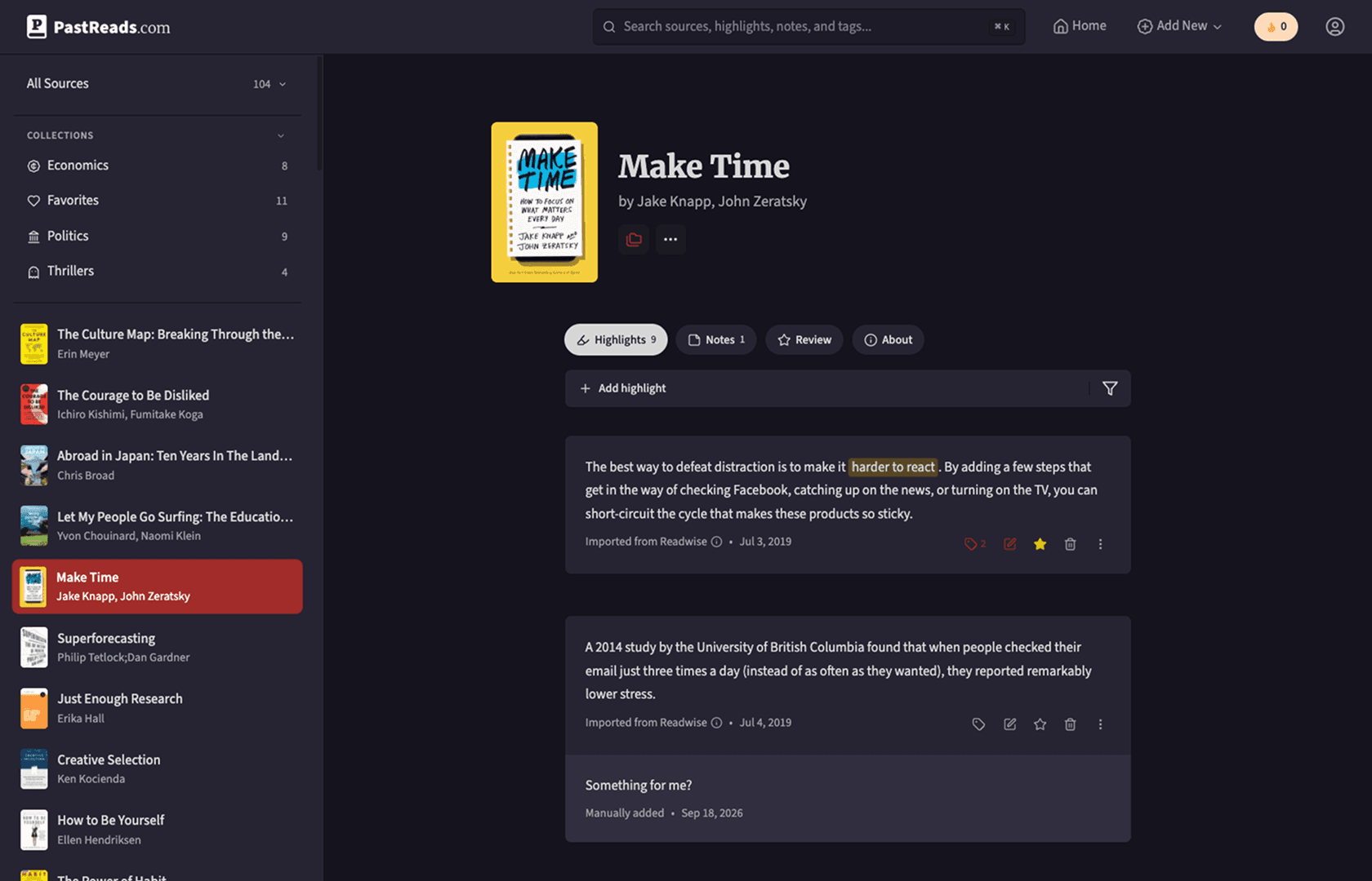 PastReads interface