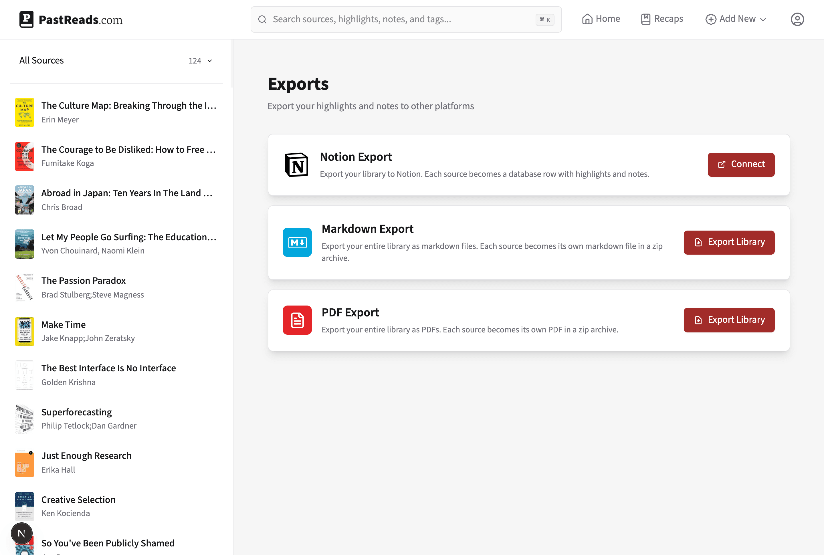The PastReads Export page showing PDF Export