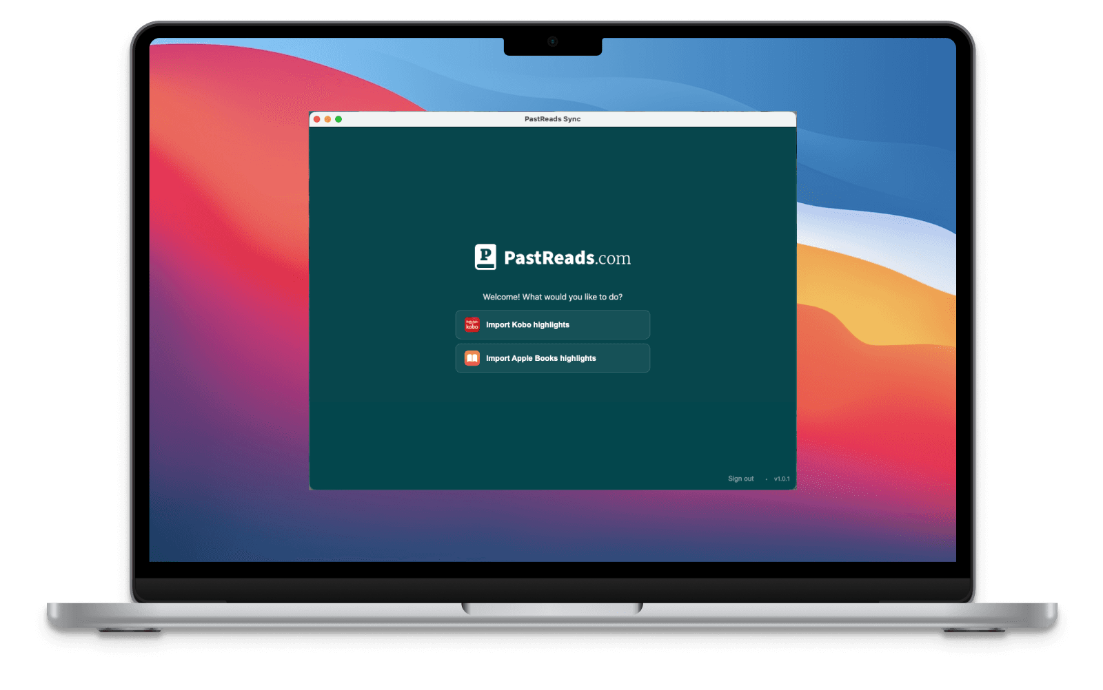 PastReads Sync desktop app on a MacBook